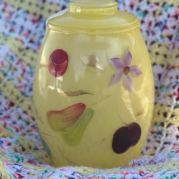 BARTLETT COLLINS Cookie Jar Yellow Glass with Fruits & Flowers Made in USA 1960s - Picture 6 of 7